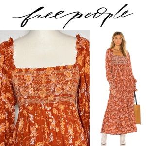 Free People NWT Sweet Escape Long Sleeve Dress Smocked in Mocha Floral Sz Small